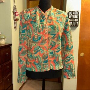 Devernois vintage orange green abstract sweater cardigan wool blend flawed